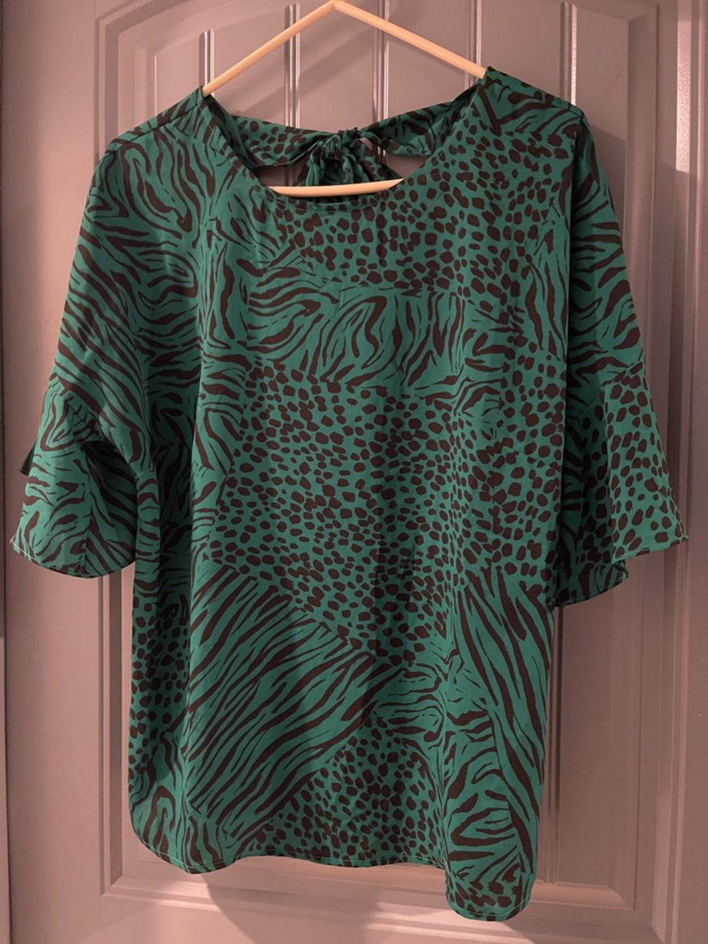 CAbi Green and Black Animal-Print Tie-Back Blouse